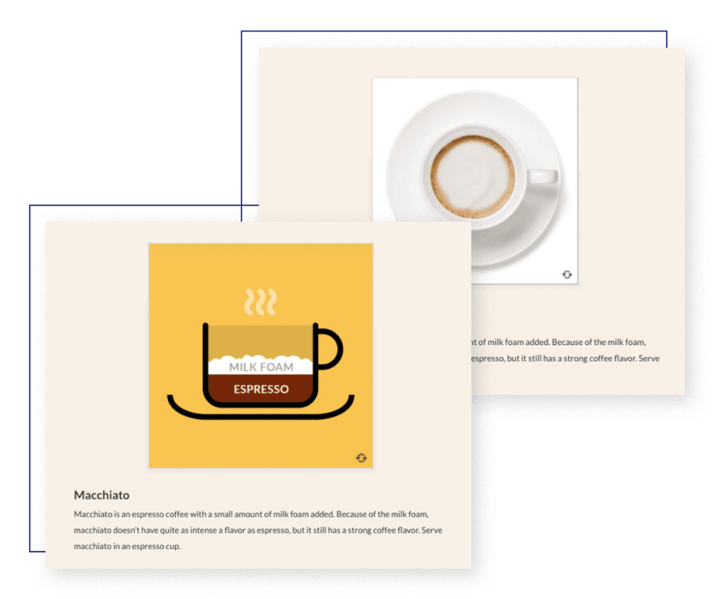 2 flipcards in Rise with an image of a macchiato and its definition on 1 side and an image of the ingredients in a macchiato on the other side