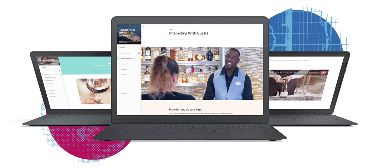 royal caribbean elearning courses across three laptop screens