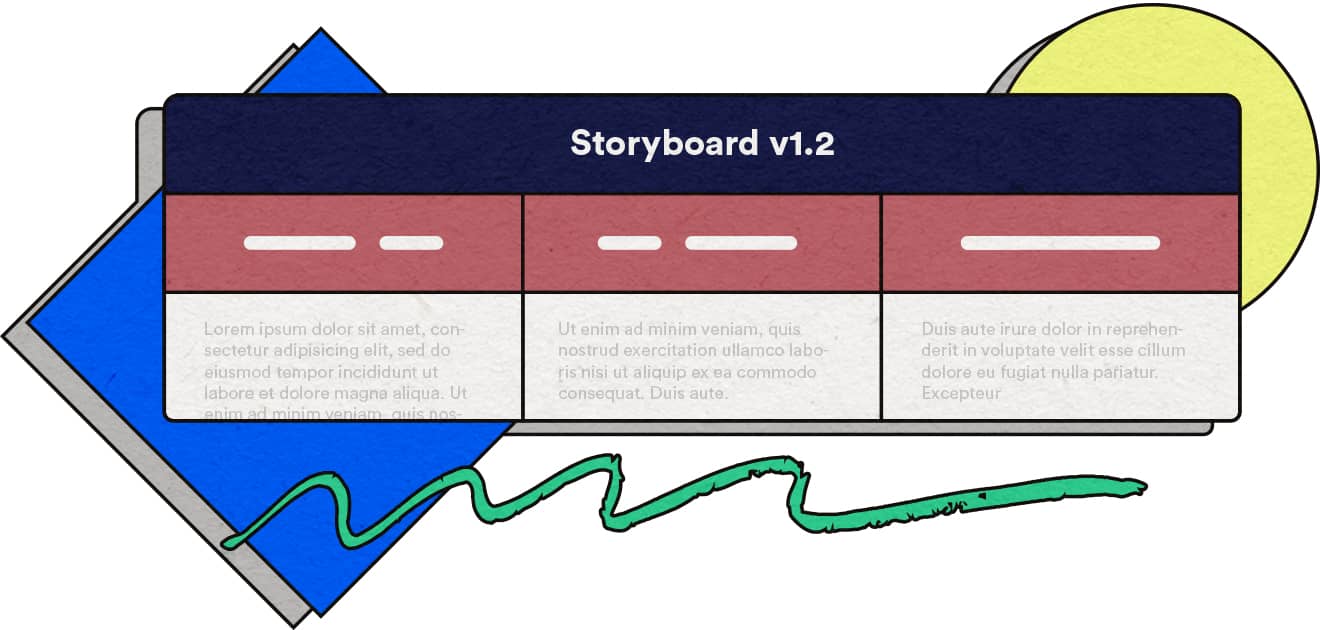 storyboard illustration with three columns overlayed on top of various shapes
