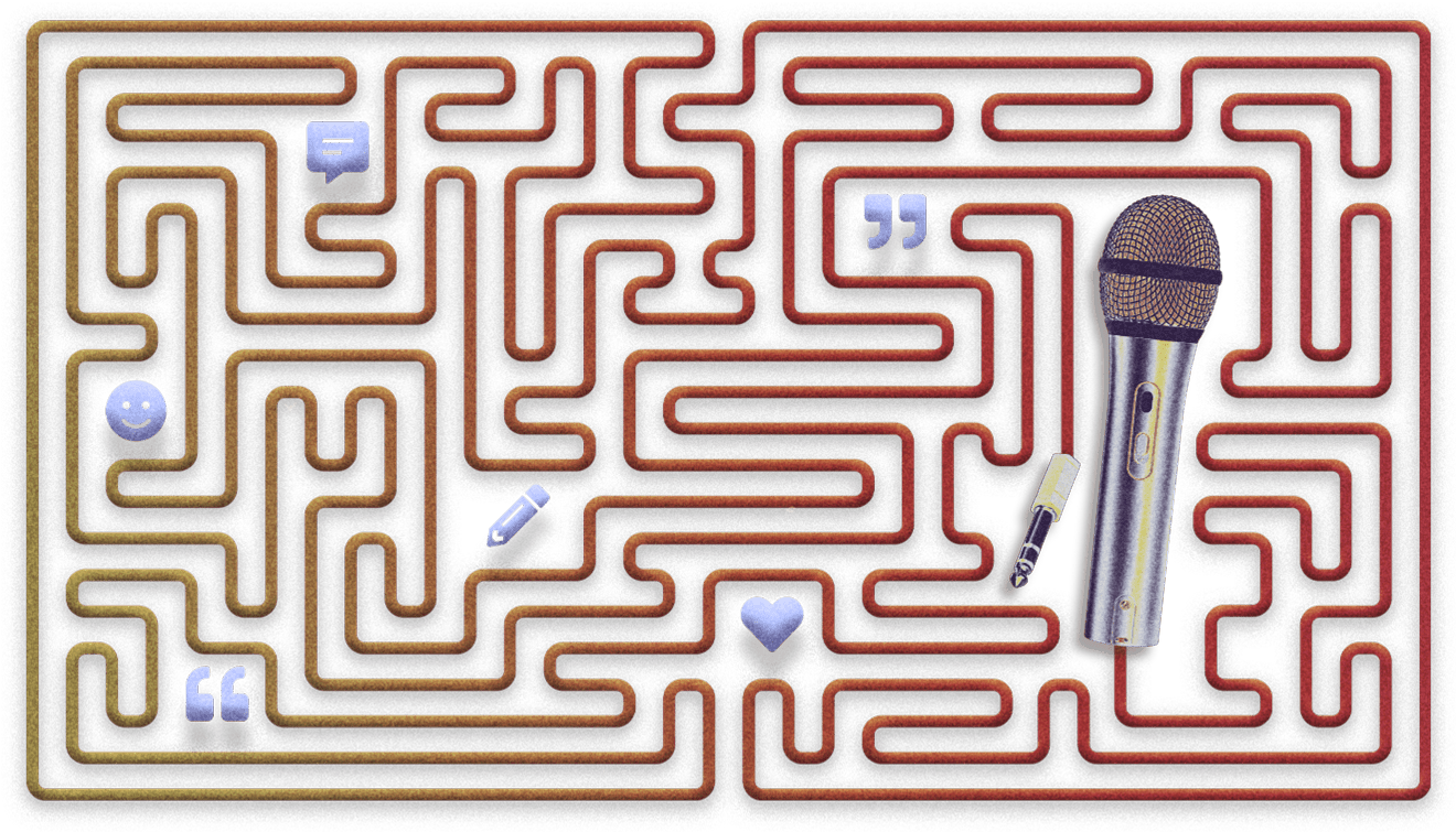 a maze with icons for a smiley face, quotation marks, a speech bubble, a pencil, a heart, and a microphone in it